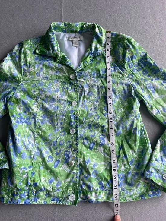 Savvy DT Studio Green Blue Floral Cropped Jacket Lightweight Button Front Spring - Picture 6 of 7